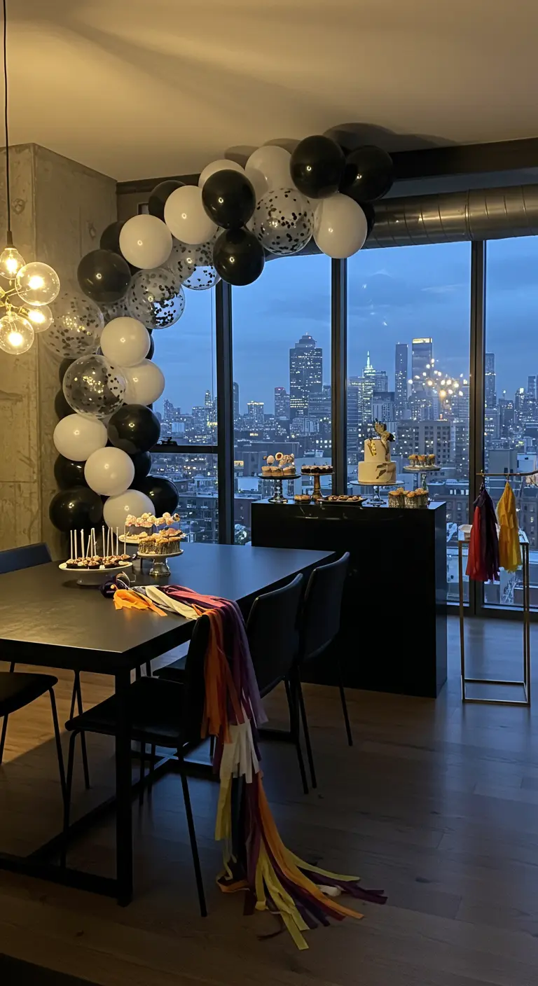 A modern apartment with a balloon arch in black, white, and silver framing a city skyline view at dusk.