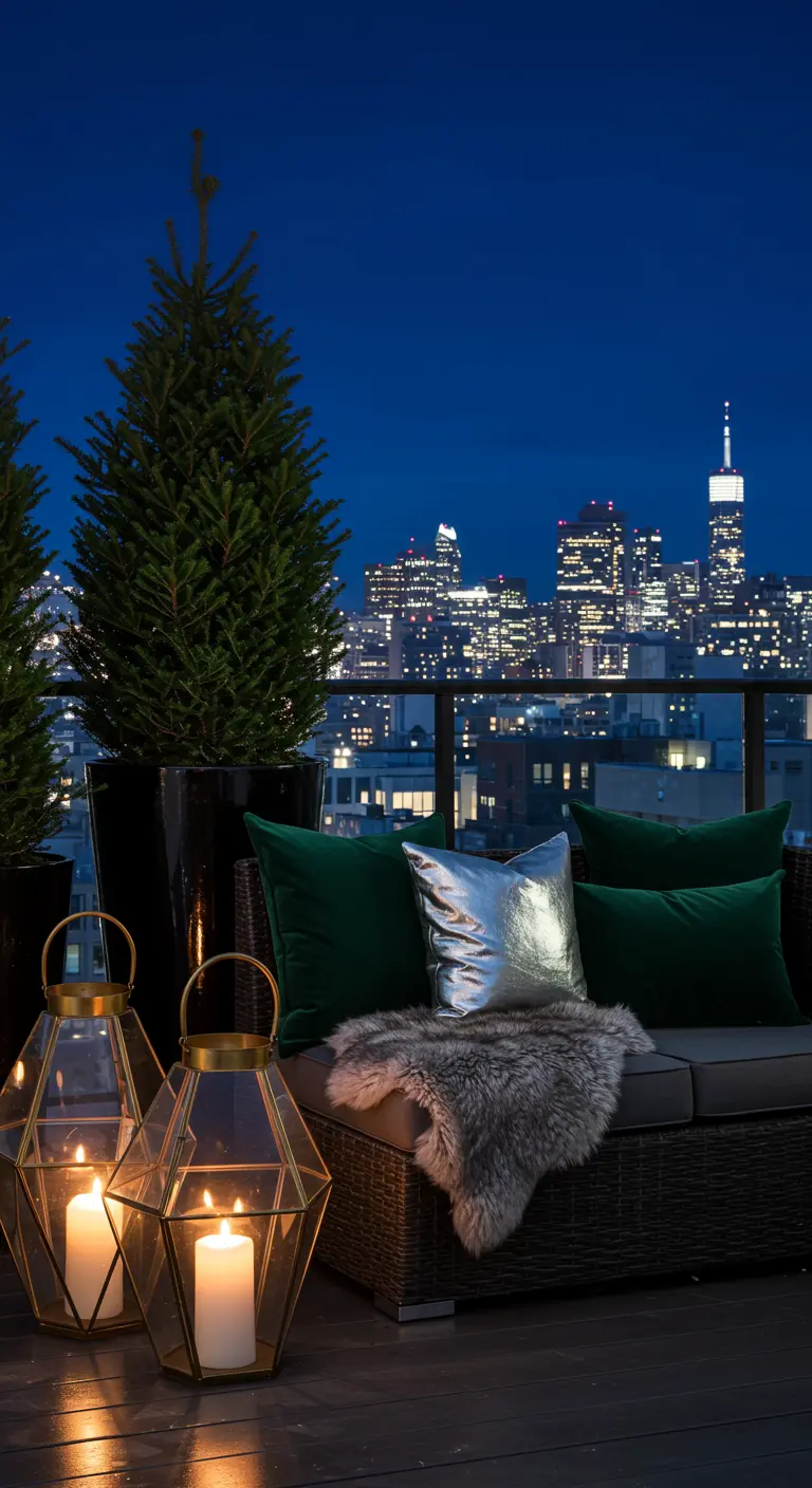A modern city balcony with a wicker sofa, green pillows, and large geometric lanterns.