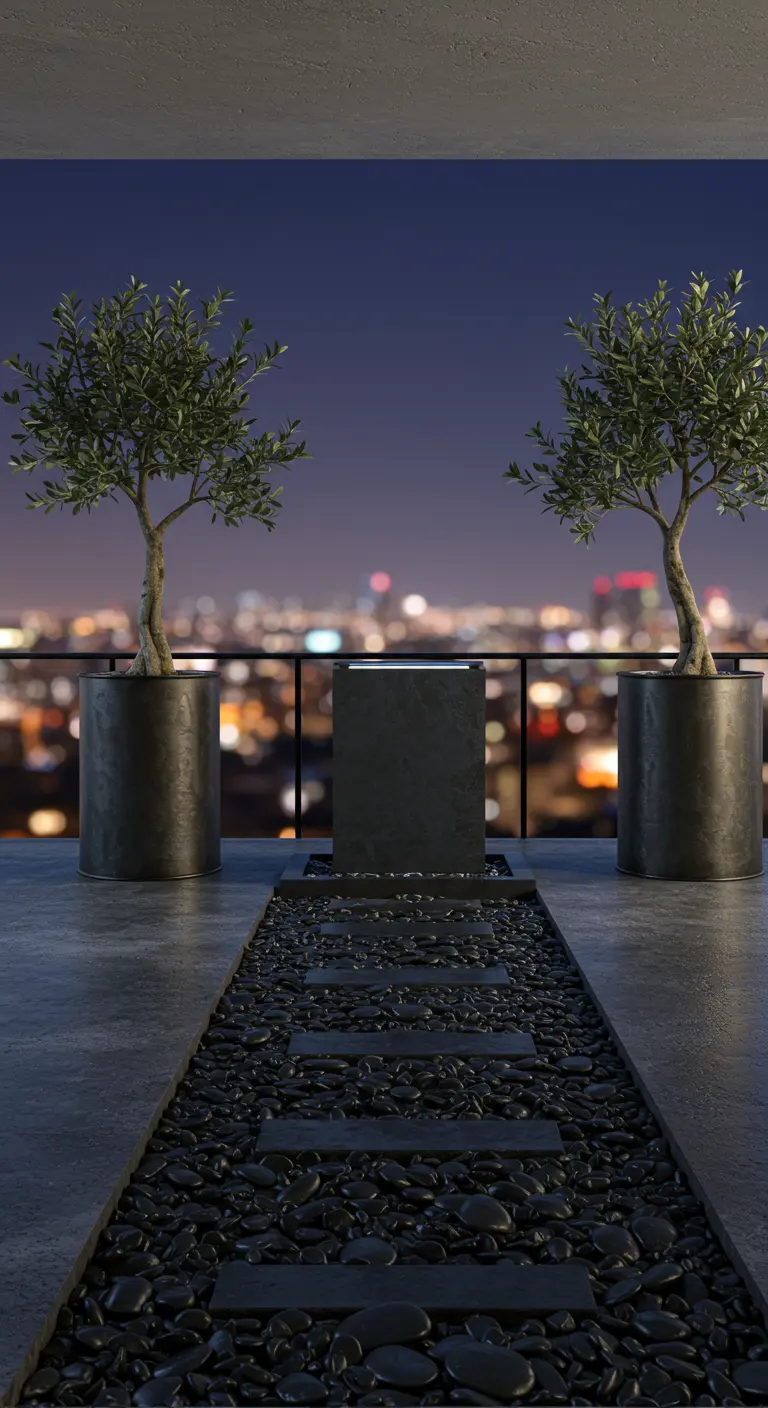 Modern city balcony at night with olive trees, black pebbles, and a sleek stepping stone path.