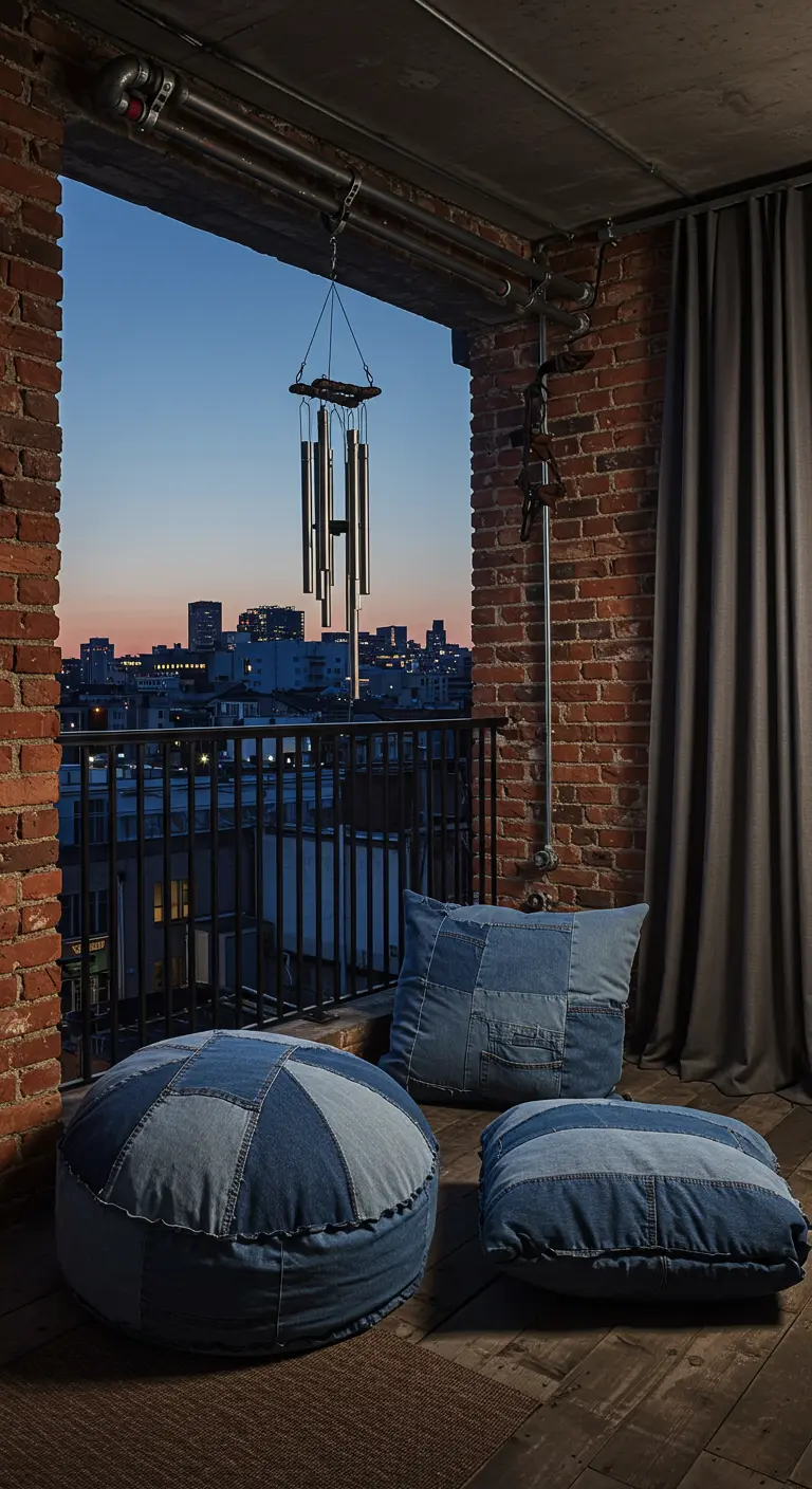 Industrial balcony with exposed brick and patchwork denim floor cushions.