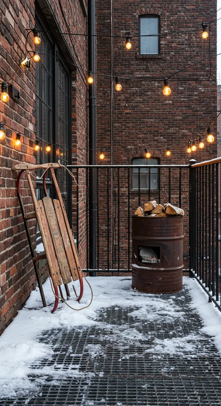Industrial balcony with brick wall, a rusty barrel, and a vintage red sled.