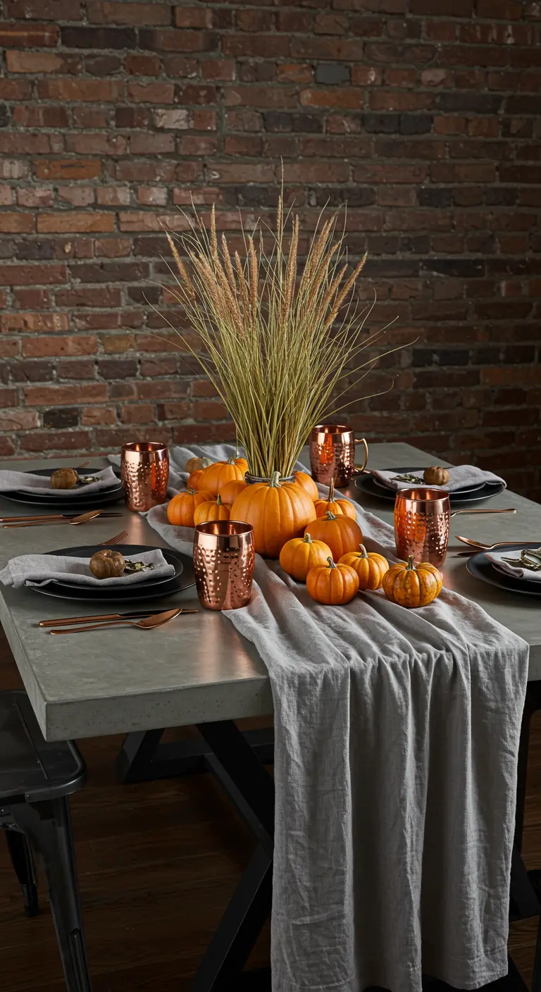 An industrial-style table with copper mugs, a grey linen runner, and a centerpiece of pumpkins and grasses.