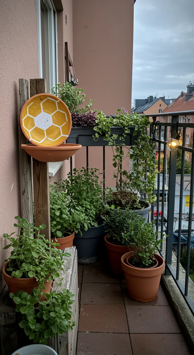 A two-tiered birdbath and planter on a small balcony, painted with a yellow honeycomb pattern.