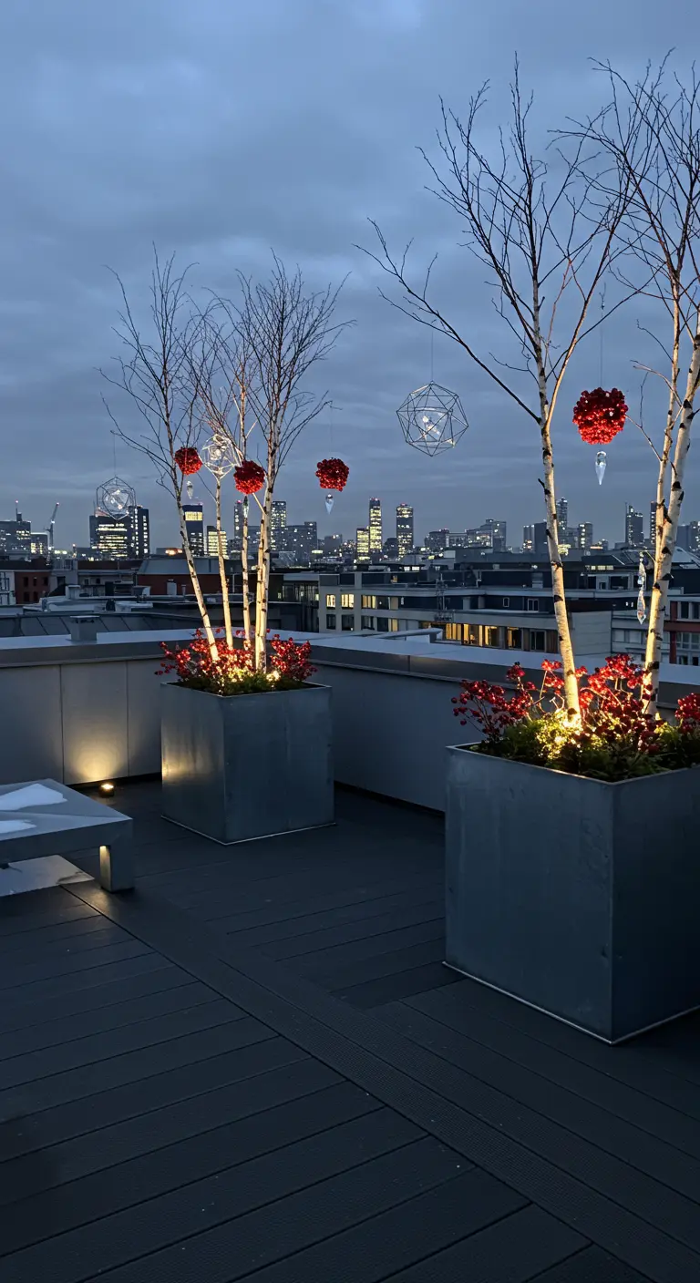 A modern rooftop with birch trees in planters, decorated with hanging red and white ornaments.