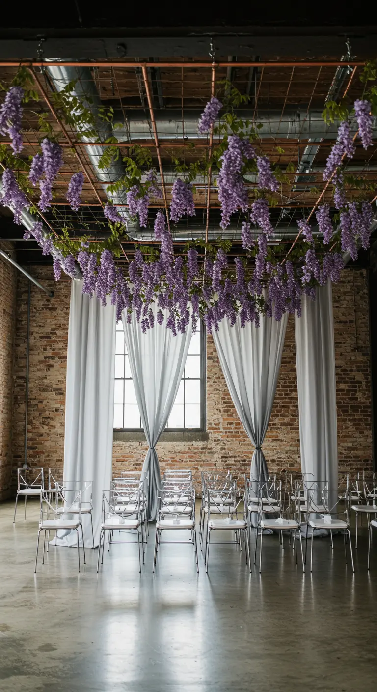 Industrial loft space with wisteria hanging from a ceiling grid for a wedding.