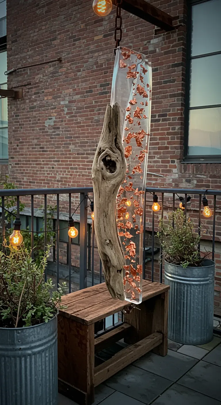 A tall driftwood and clear resin sculpture with copper leaf standing on an industrial-style balcony.