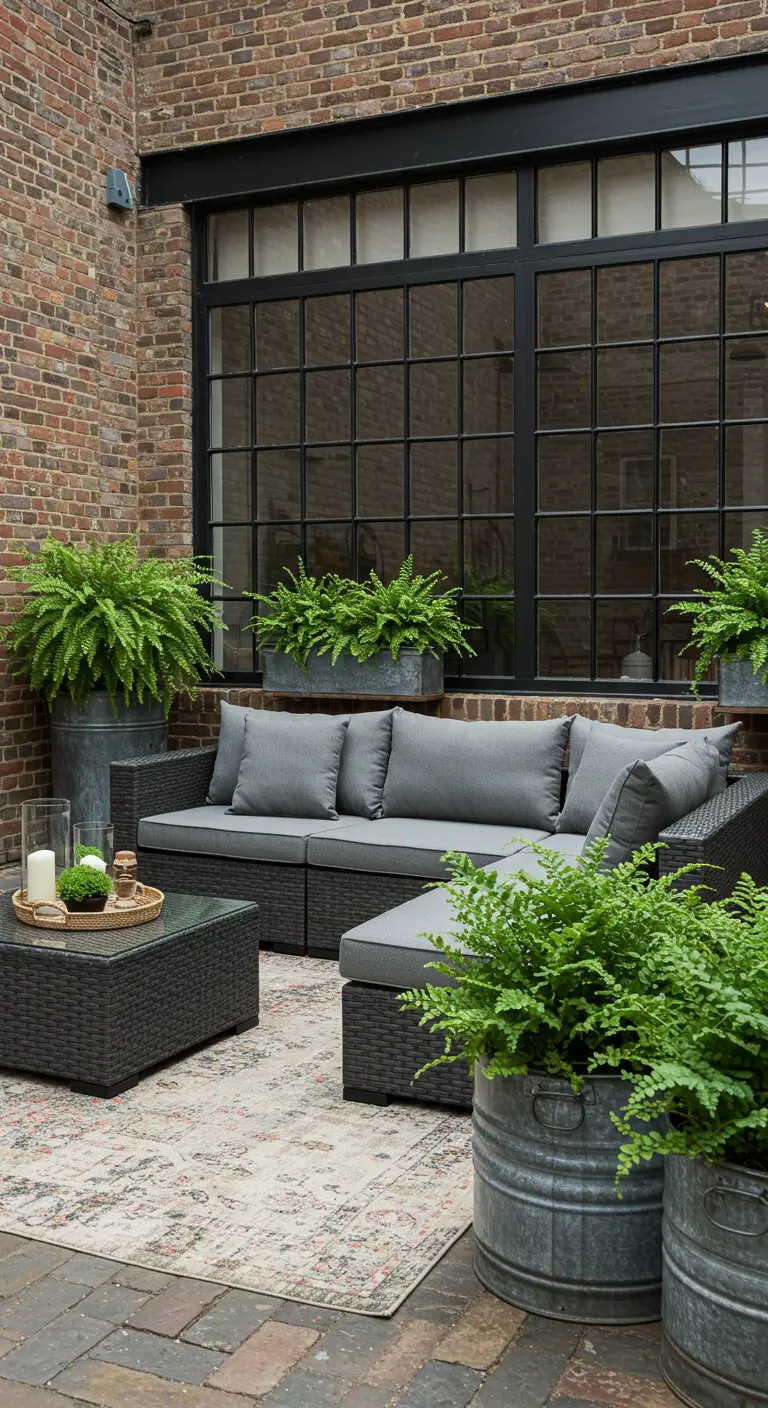 A dark grey sectional against a brick wall with ferns in galvanized metal planters.