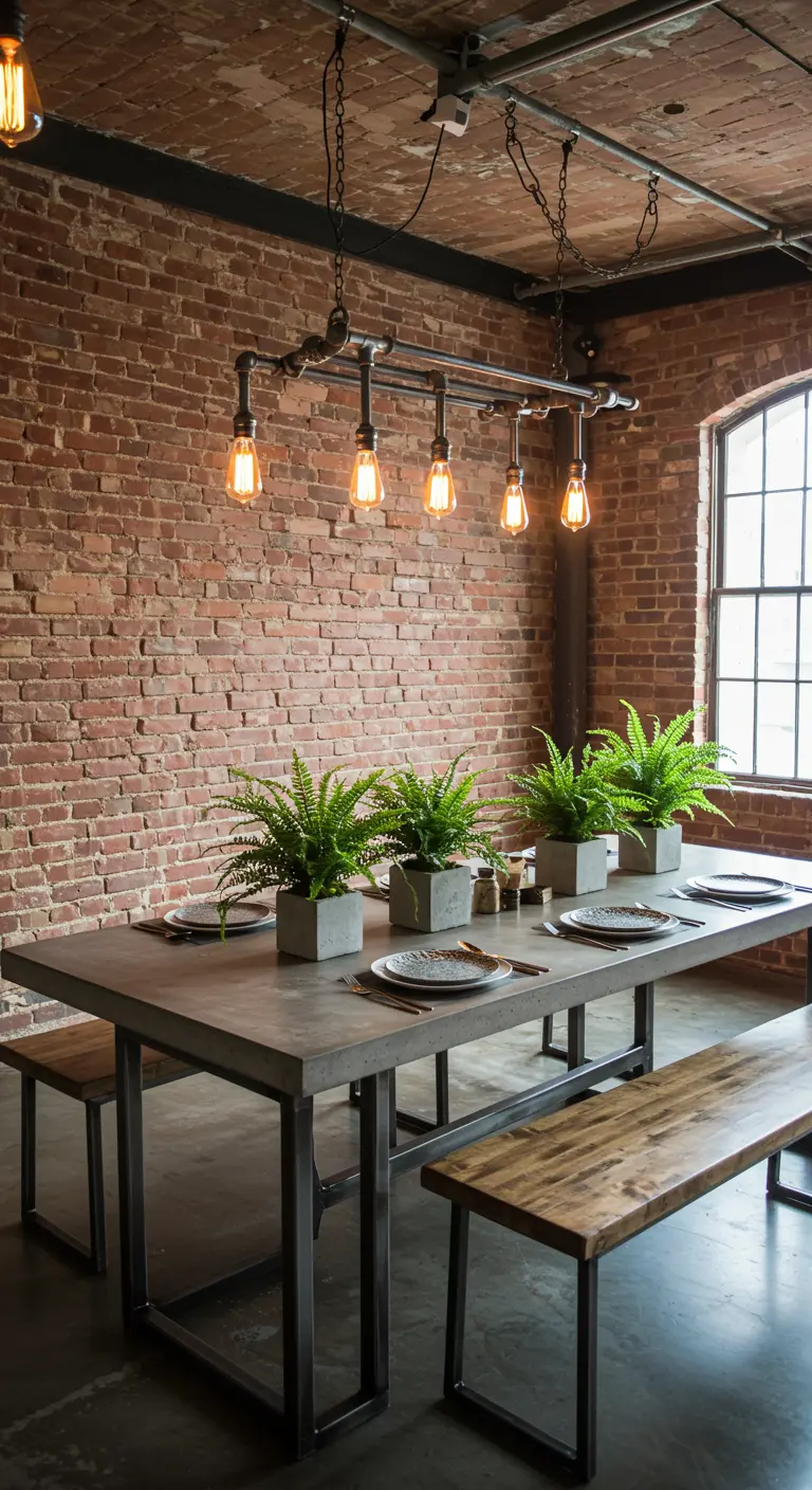 An industrial dining table with a concrete top and a row of potted ferns.