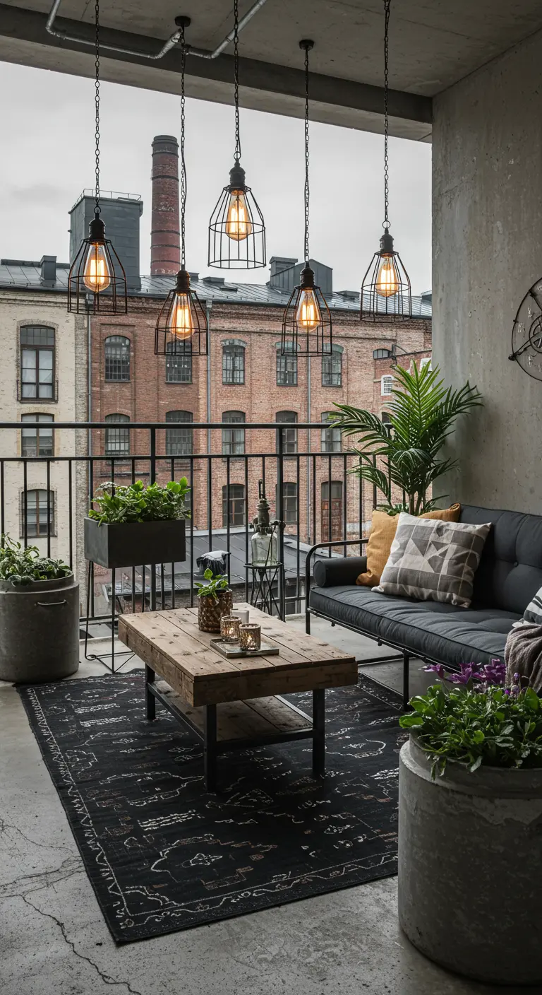 An industrial-style balcony with a concrete floor, dark rug, and hanging Edison bulb pendants.