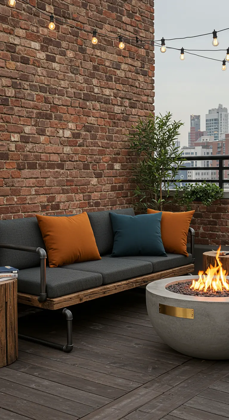 An industrial-style sofa with orange and teal pillows on a rooftop with a concrete fire pit.