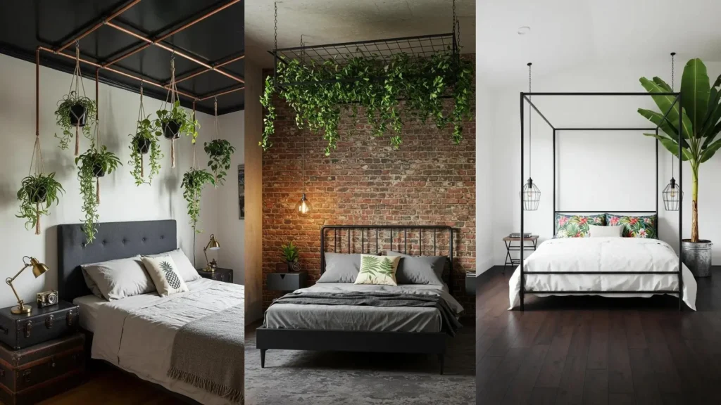Urban jungle bedrooms with tropical prints, lush plants, and industrial metalwork designs.