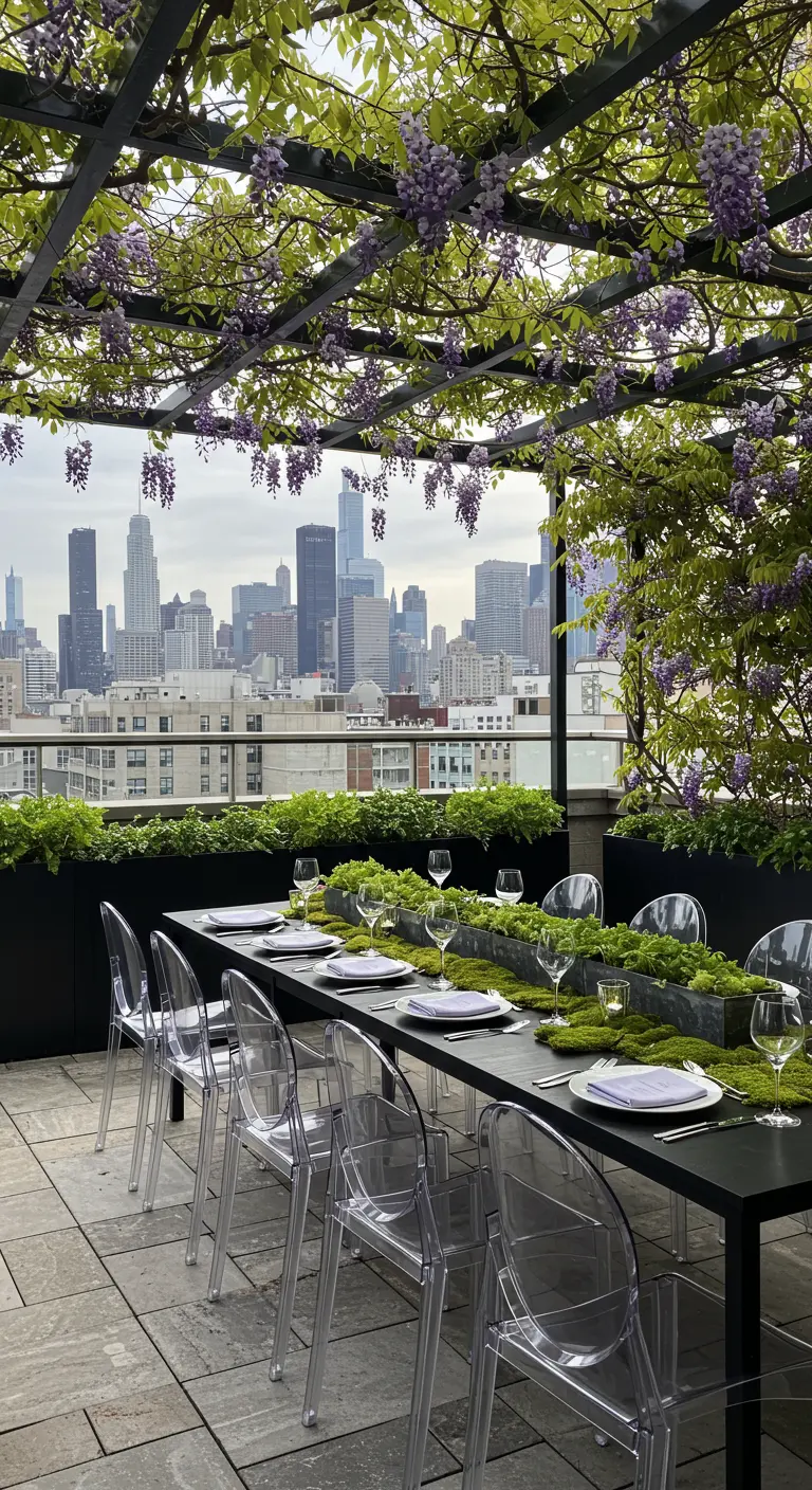 Modern rooftop party with a long black table, ghost chairs, and wisteria overlooking a city.