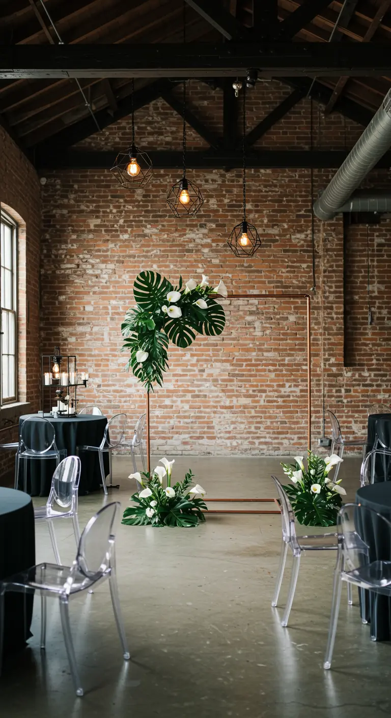 Copper pipe wedding arch with monstera leaves in an industrial brick loft with Edison bulbs.