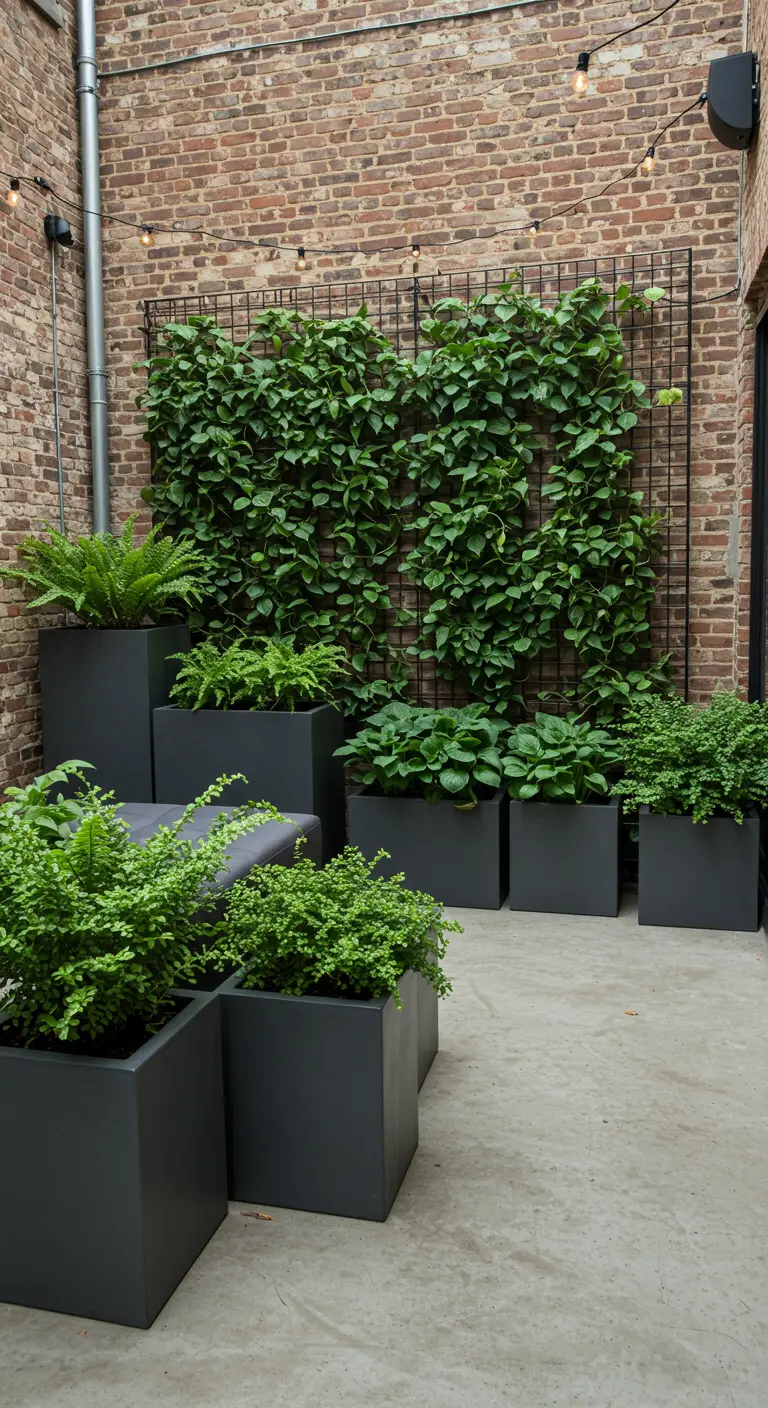 Industrial courtyard with tiered dark gray planters against a brick wall and green trellis.