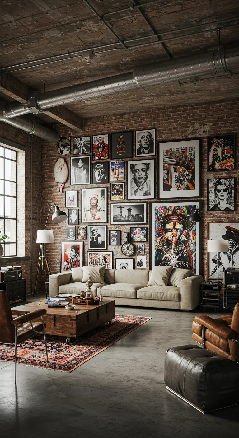 Urban loft living room with exposed brick, a large gallery wall of pop art, and a neutral sectional sofa.