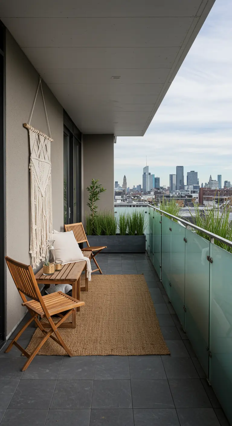 A long balcony with a jute rug, teak furniture, and grasses in a planter.