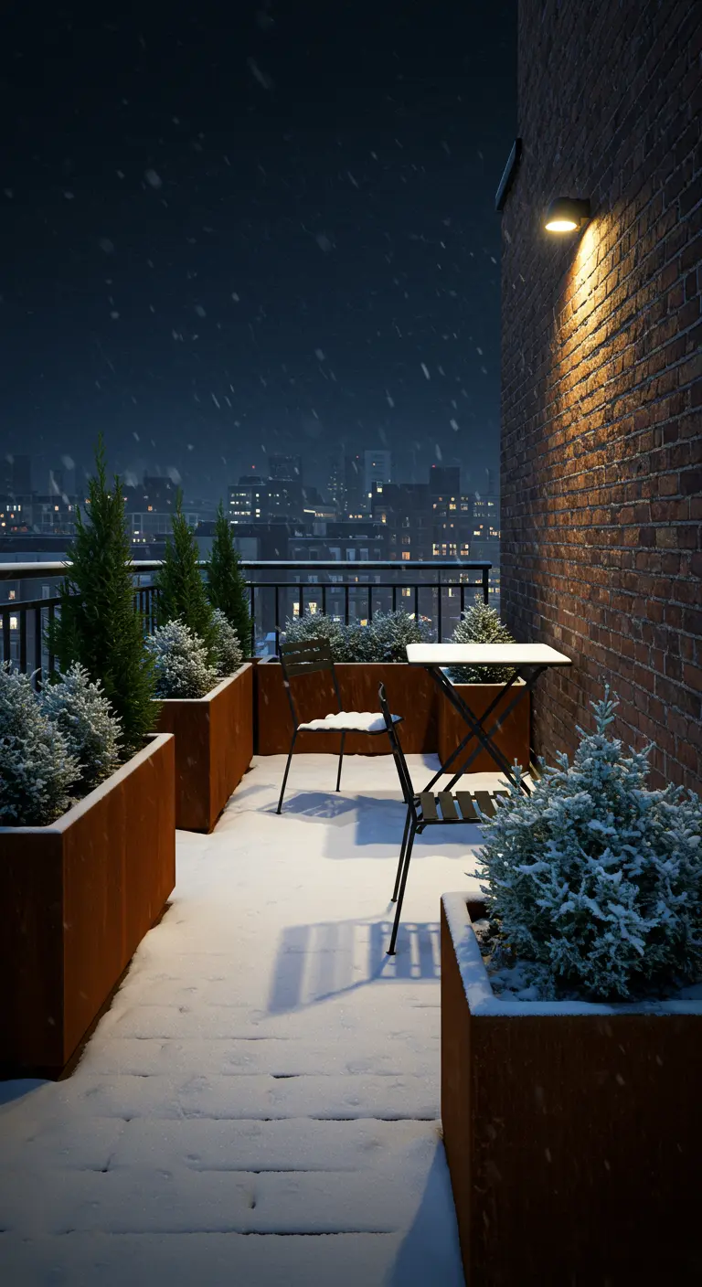 Modern Corten steel planters with conifers on a snowy urban rooftop terrace at night.