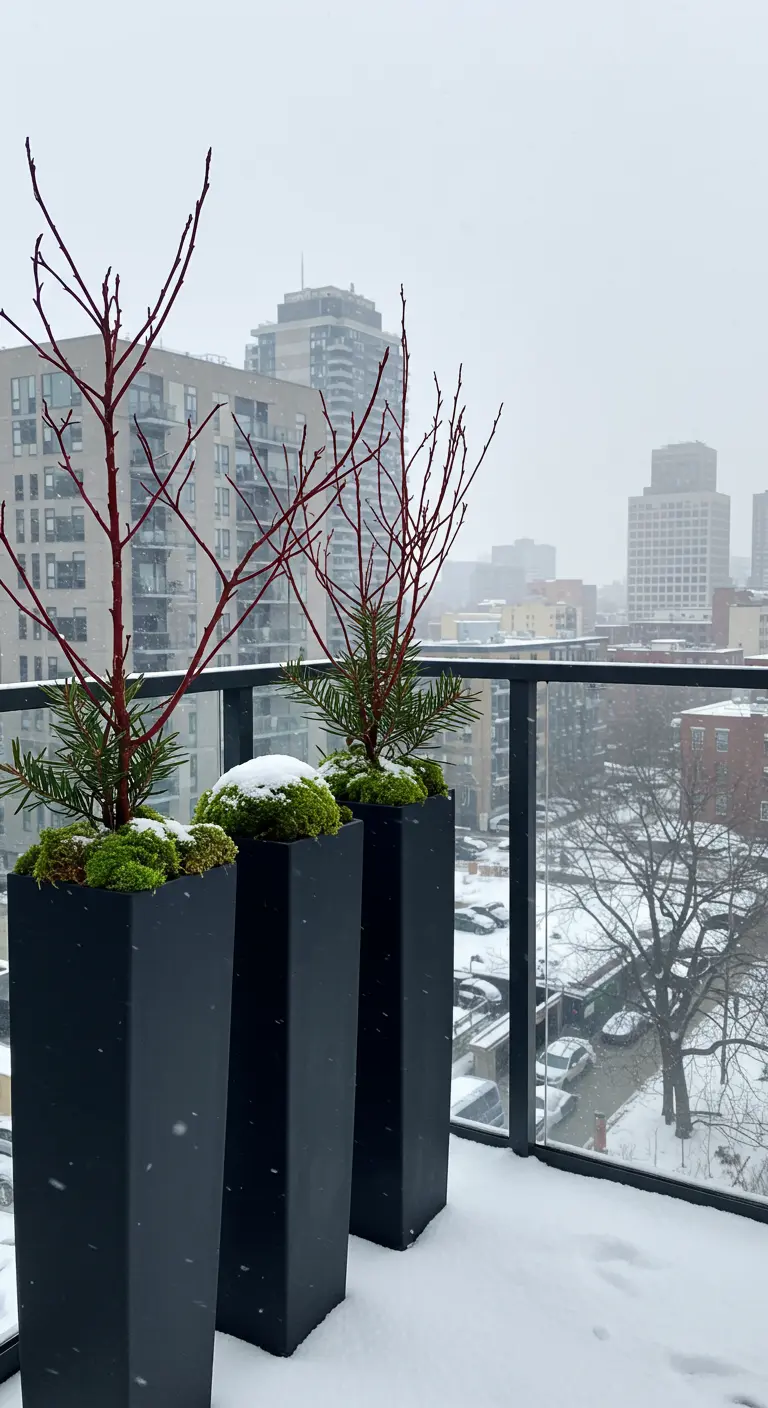 Tall black planters on a city balcony holding red-twig dogwood, small pines, and bright moss.