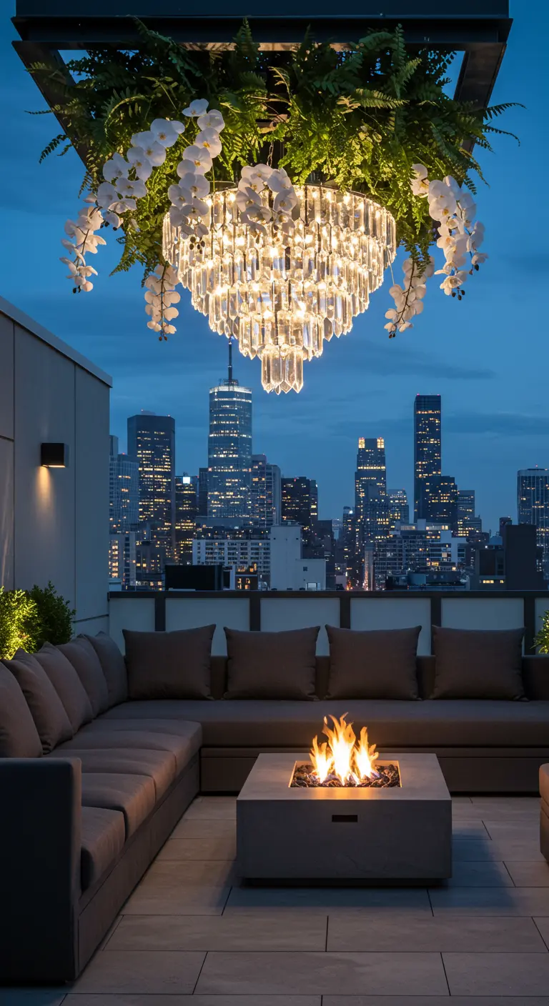 A modern rooftop patio with a crystal chandelier adorned with ferns and white orchids.