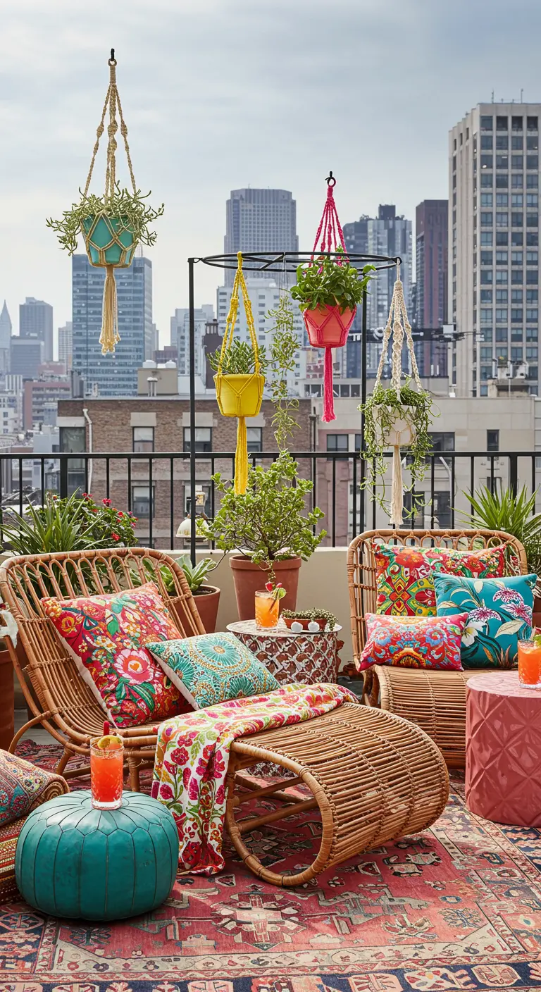 Colorful boho rooftop patio with rattan chairs and brightly colored macramé planters.