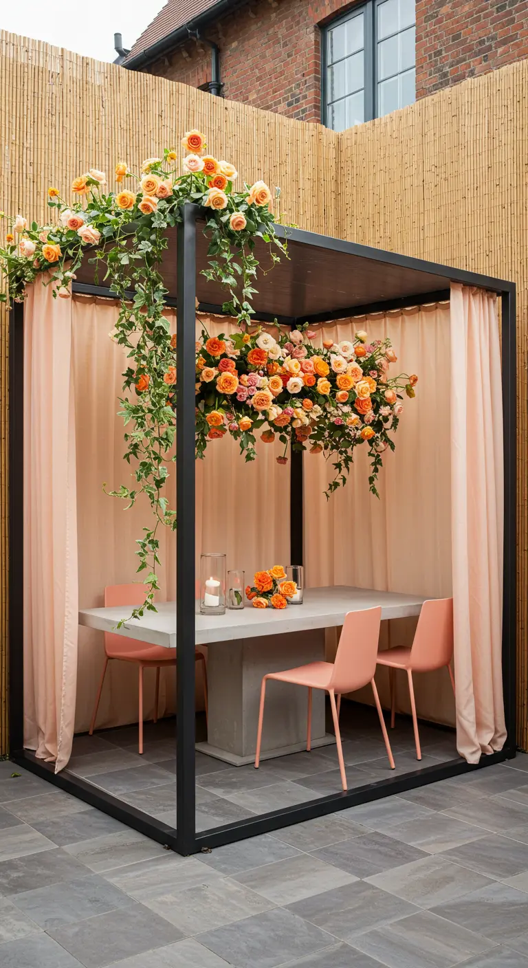 A black metal pergola with peach curtains and a lush chandelier of peach and orange roses.