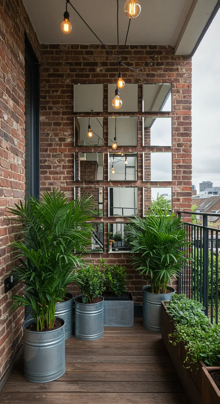 An industrial balcony with a grid of nine square mirrors on a brick wall and metal planters.