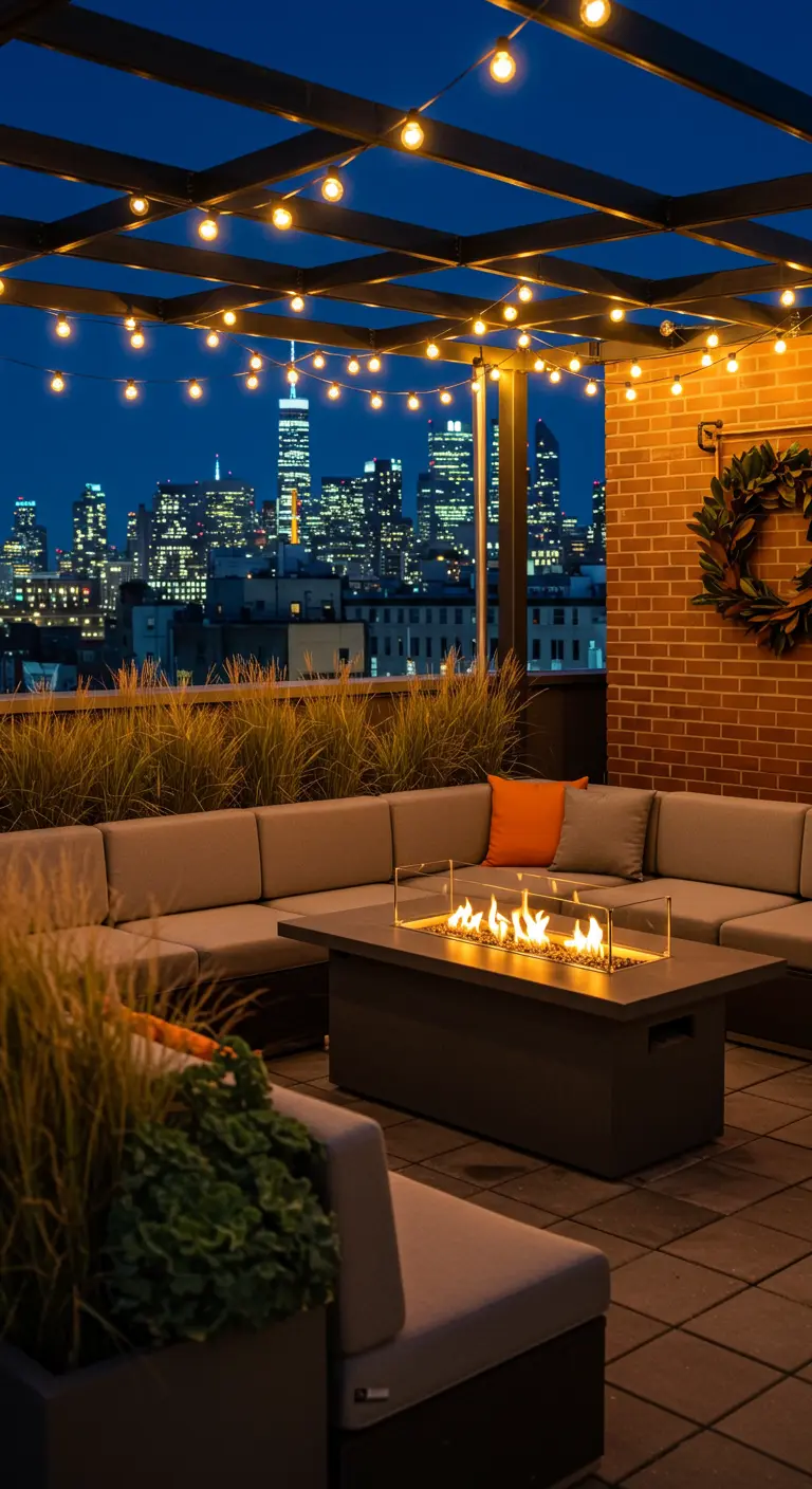 Rooftop patio with a fire table, sectional sofa, string lights, and city skyline views.