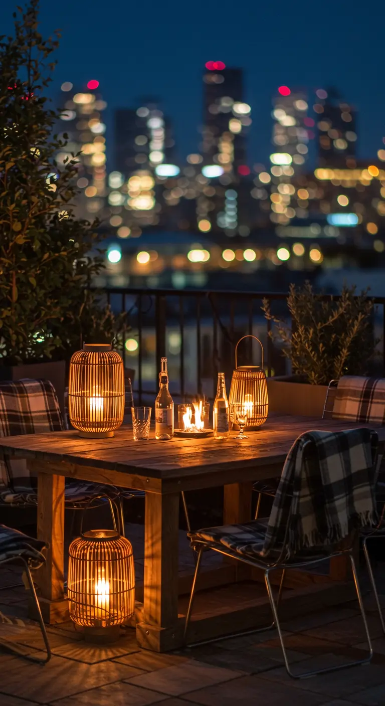A rooftop dining table with woven bamboo lanterns and plaid throws, overlooking a city skyline.