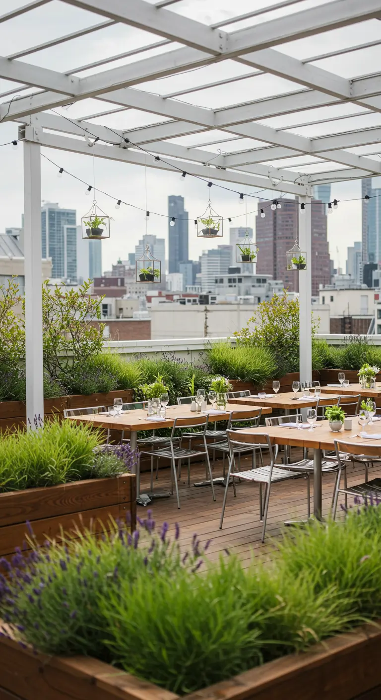 An urban rooftop patio with hanging wire cages holding plants over dining tables.