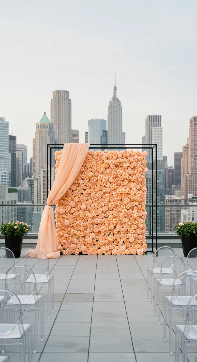 A dense peach flower wall in a black frame on a city rooftop with a skyscraper background.