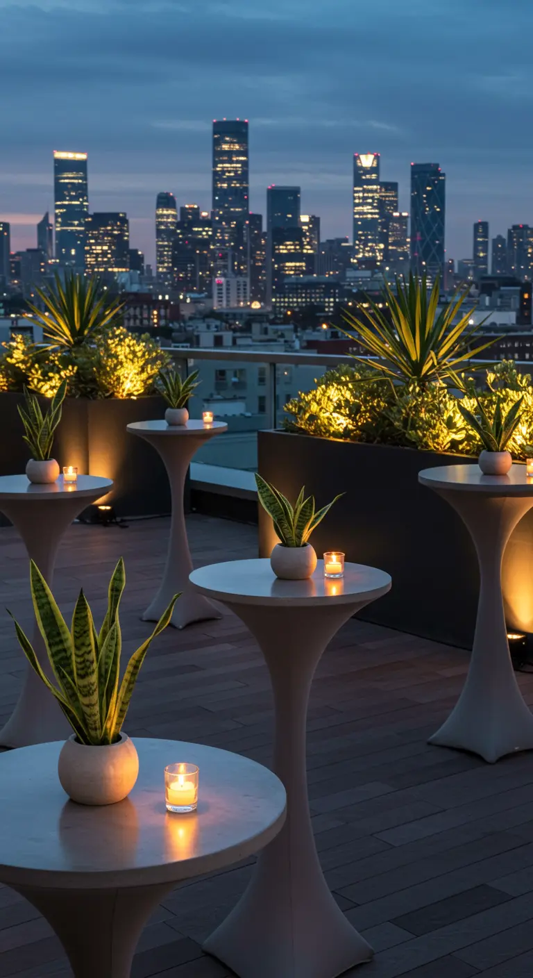 Rooftop cocktail tables at dusk with small concrete pots holding snake plants.