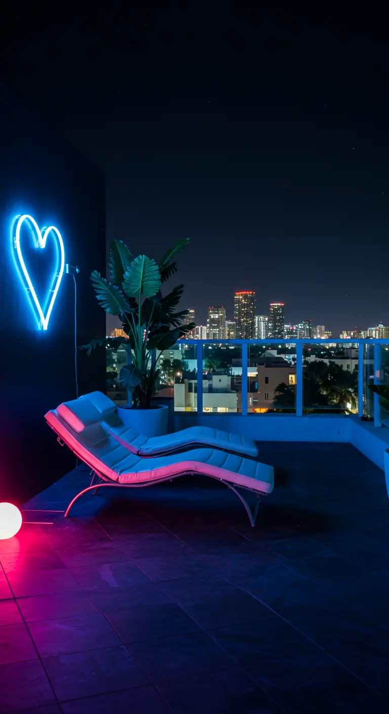 A blue neon heart glows on a city rooftop next to a modern white lounger.