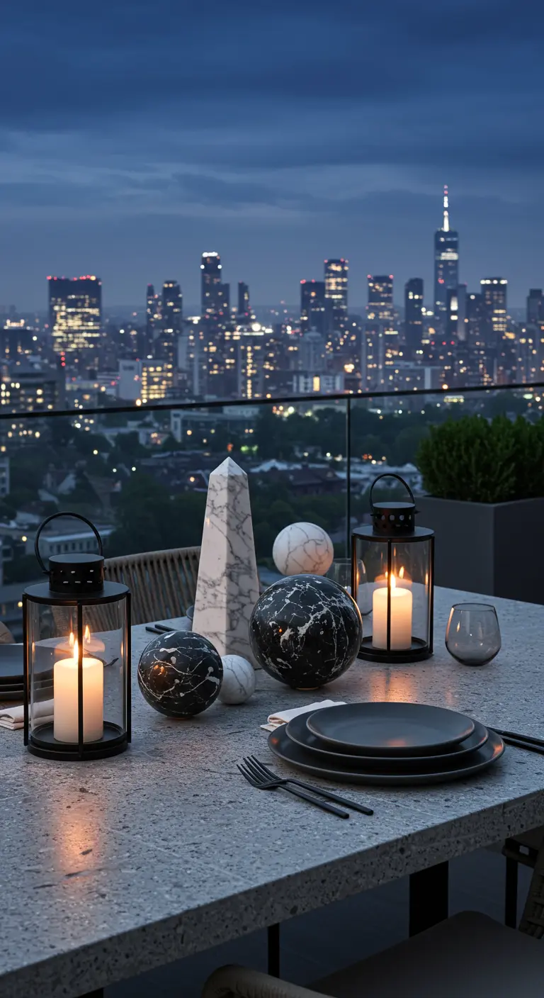 Rooftop table setting with marble decor, lanterns, and a city view at dusk.
