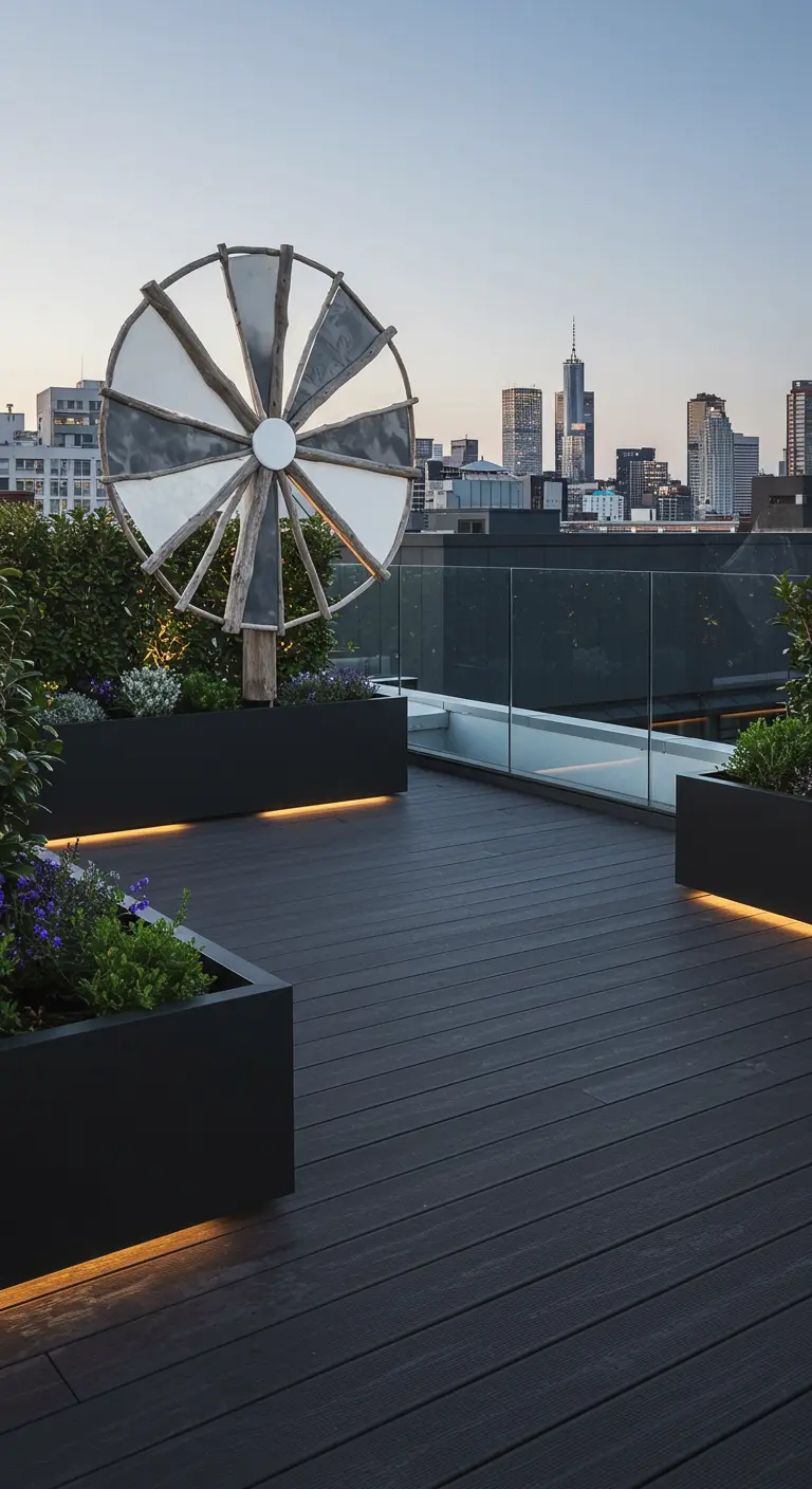 A large, modern driftwood and resin pinwheel on a city rooftop terrace with dark planters.