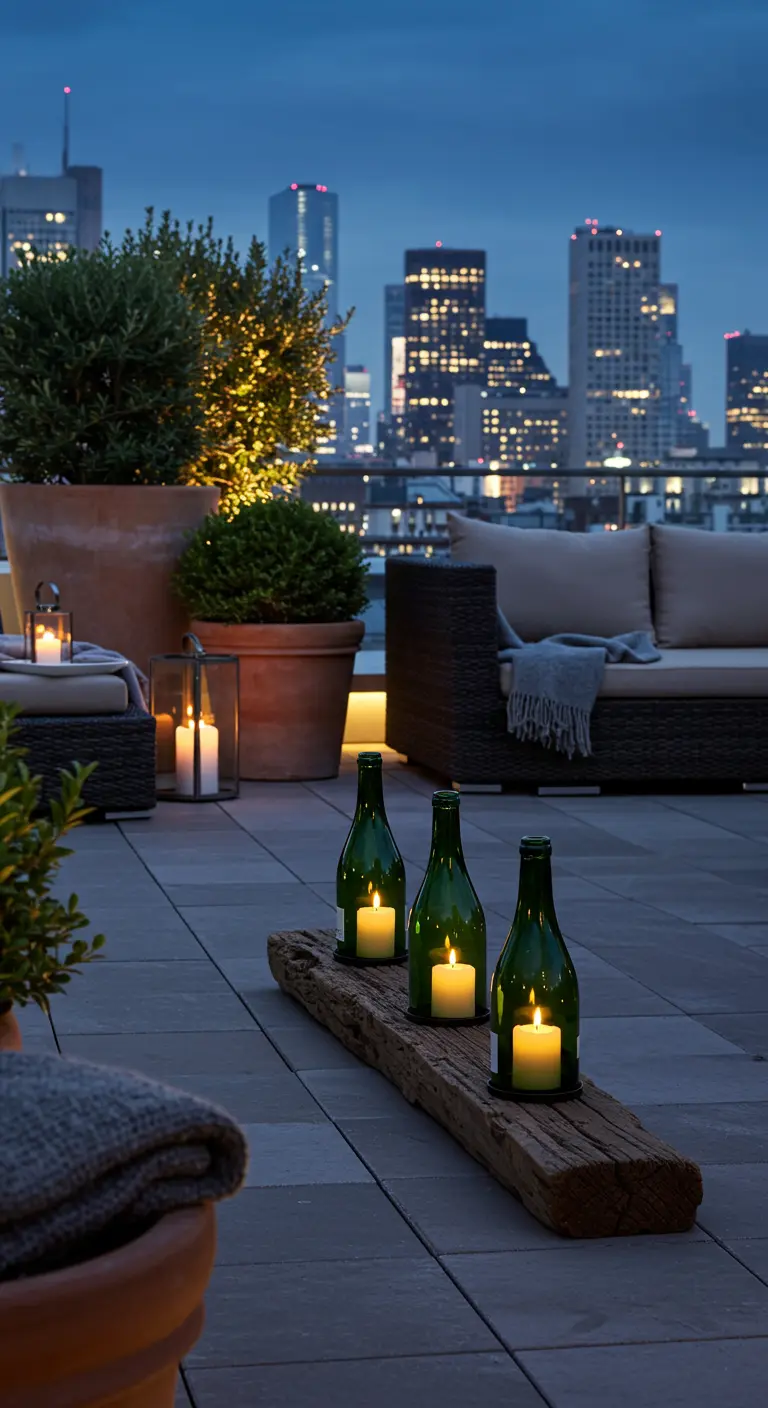 Three green wine bottle lanterns on a long piece of driftwood on a modern city rooftop patio.