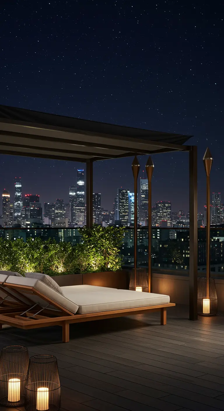 Modern teak loungers on a city rooftop at night with tall, sleek tiki-style lamps.