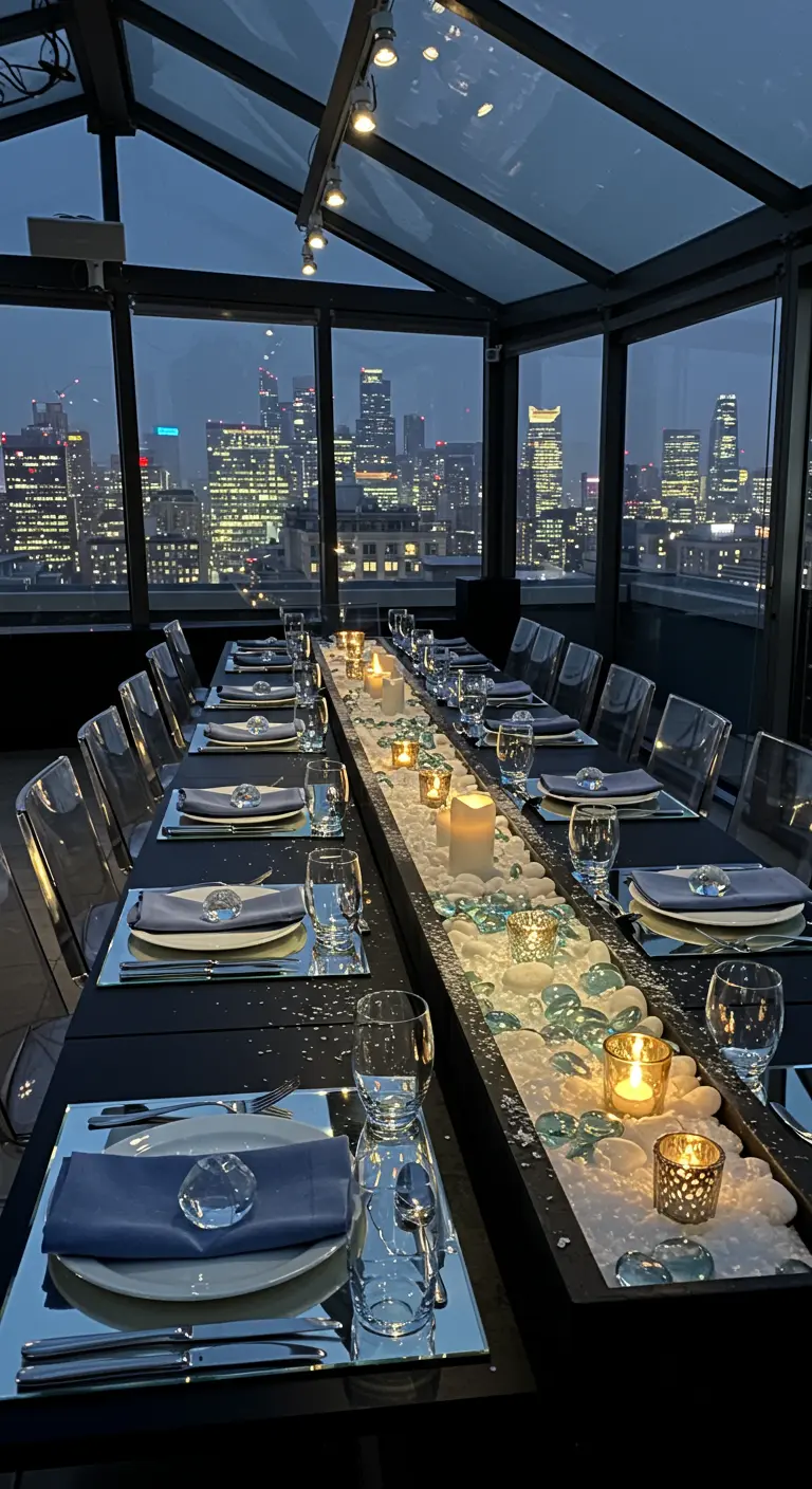A long black dining table on a rooftop overlooking a city skyline at night.