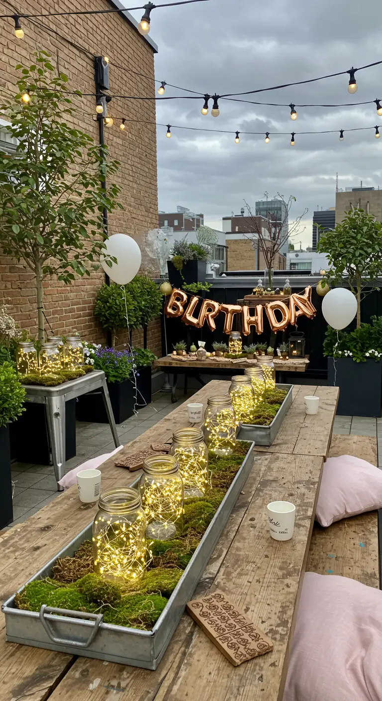 Mason jar lights and moss arranged in metal trays on a rooftop patio table.
