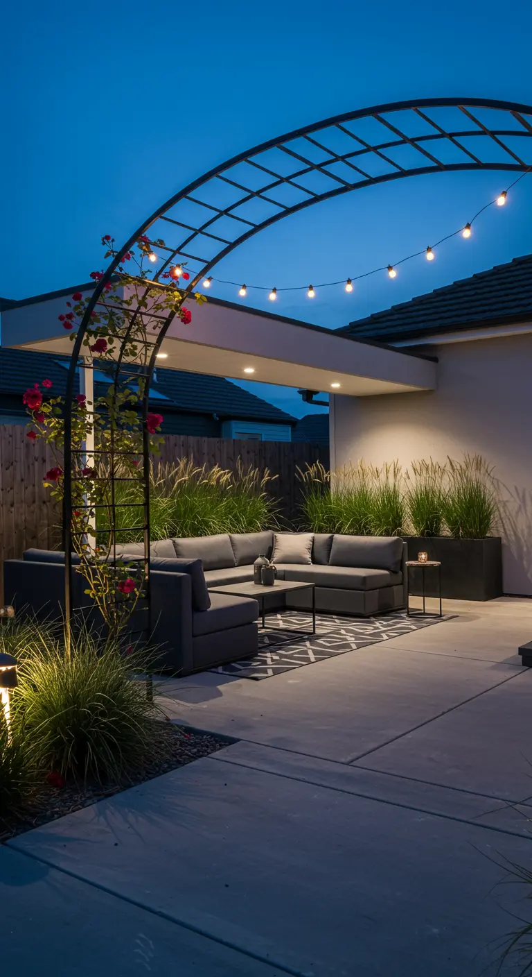Modern metal arch with red climbing roses and string lights on a contemporary concrete patio.