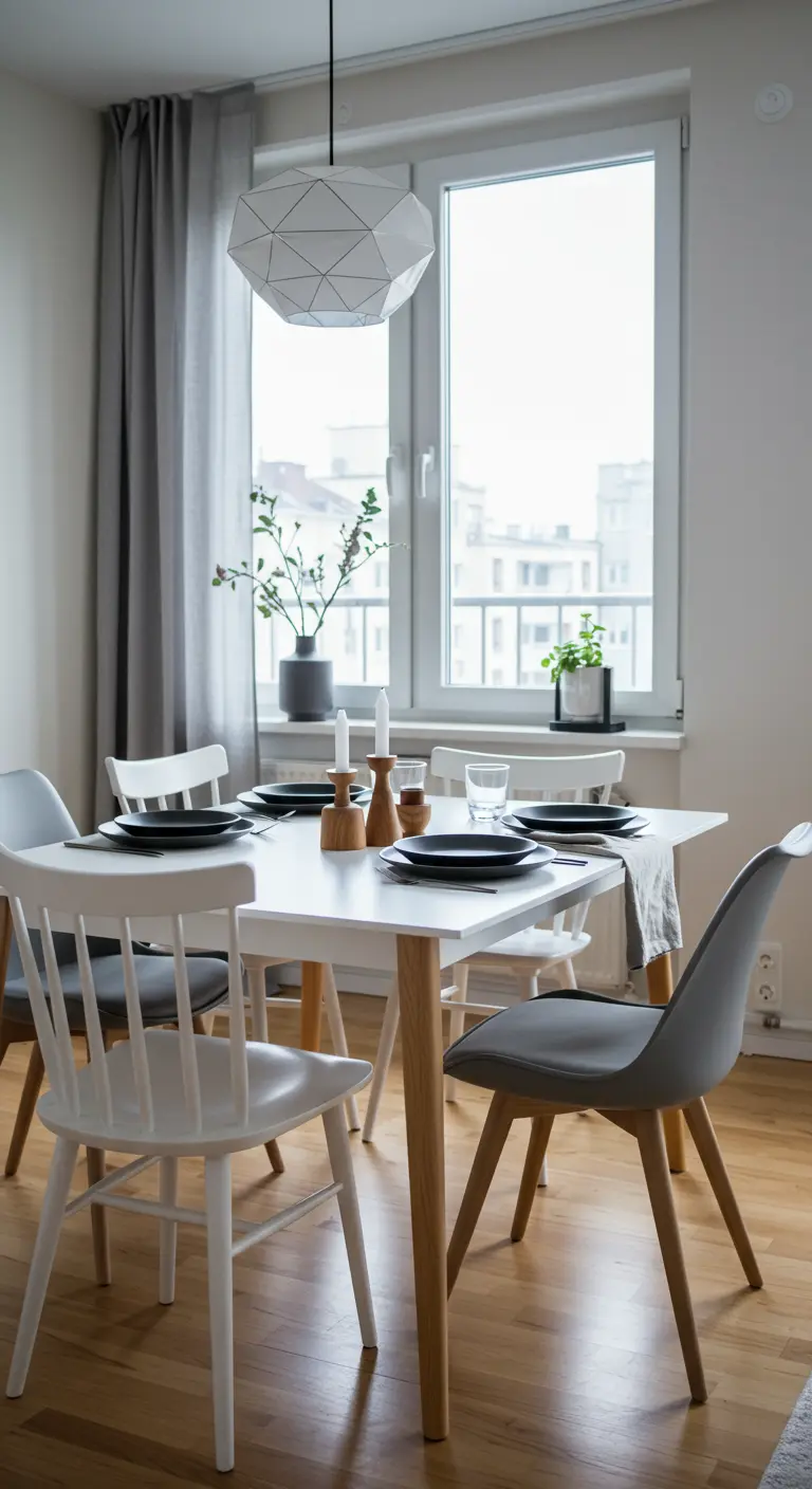 A modern white dining table with charcoal plates and mismatched chairs under a geometric light.