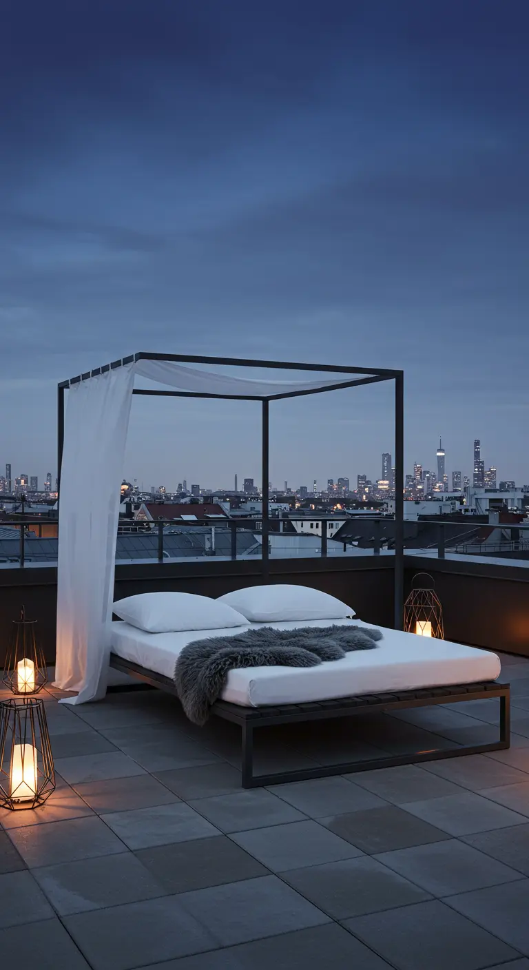 A minimalist black canopy bed with white linens on a city rooftop at dusk.