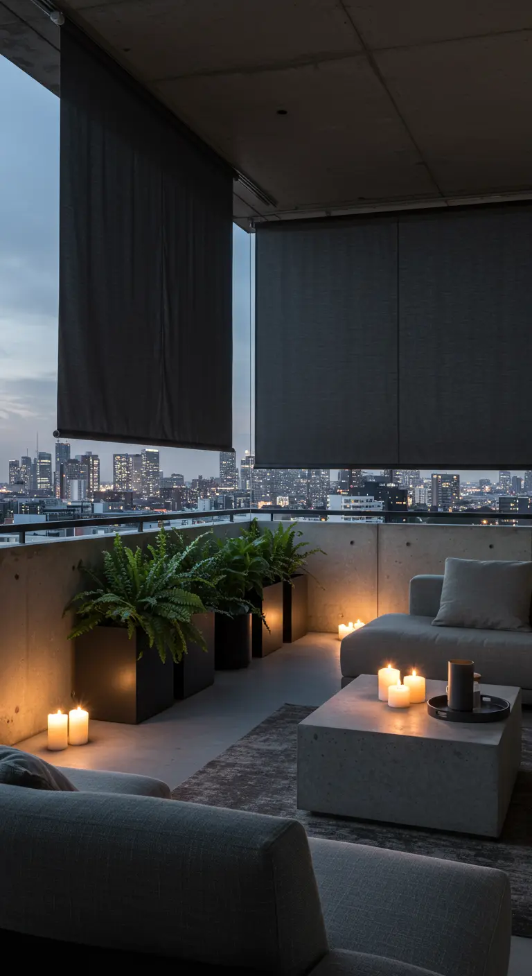 Modern concrete balcony with a city view, grey sofas, and candles.