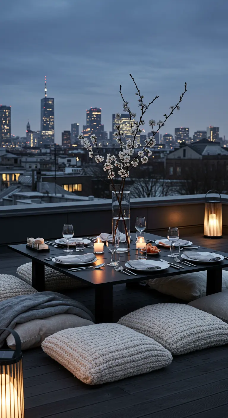 Rooftop picnic at dusk with a black table, grey cushions, and city skyline view.