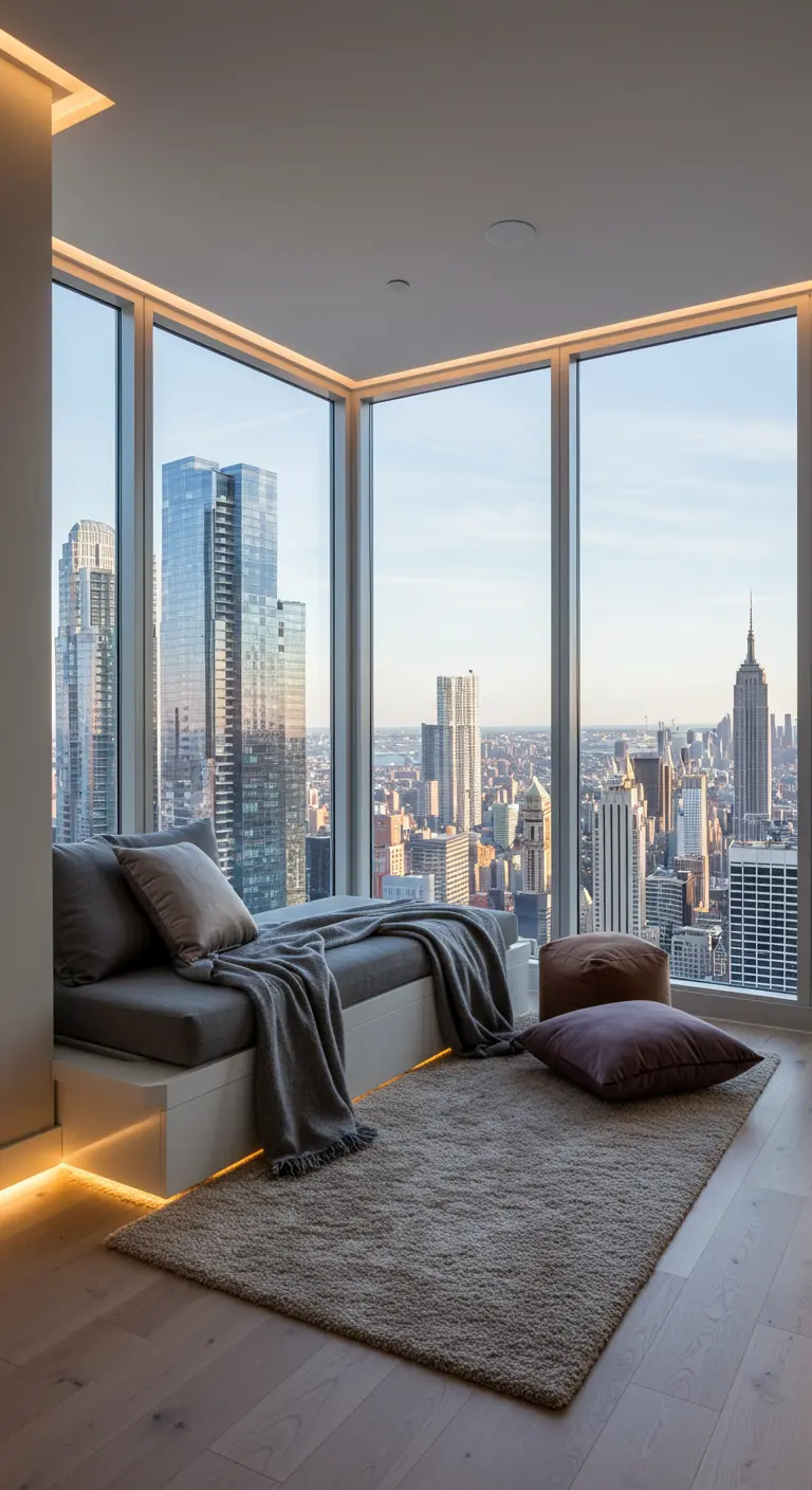 Modern apartment living room with a window bench overlooking a city skyline, a soft throw, and floor cushions.