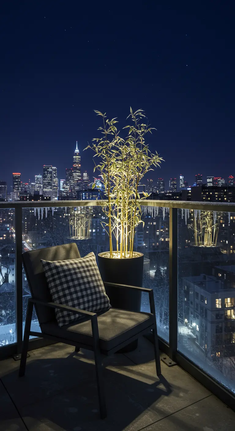 Modern city balcony at night with a chair, plaid pillow, and an uplit bamboo plant.