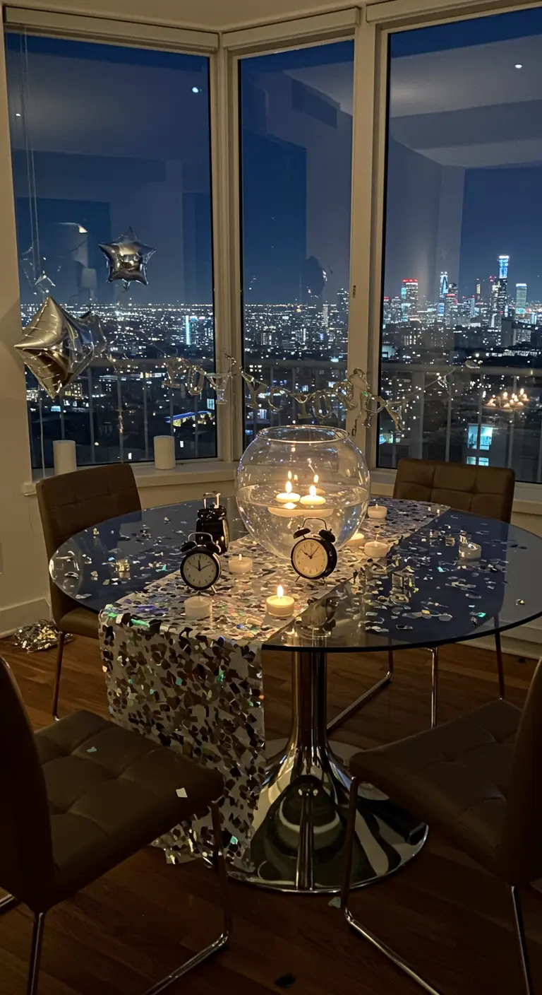 Round glass table with a silver runner, floating candles, and mini clocks overlooking a city at night.