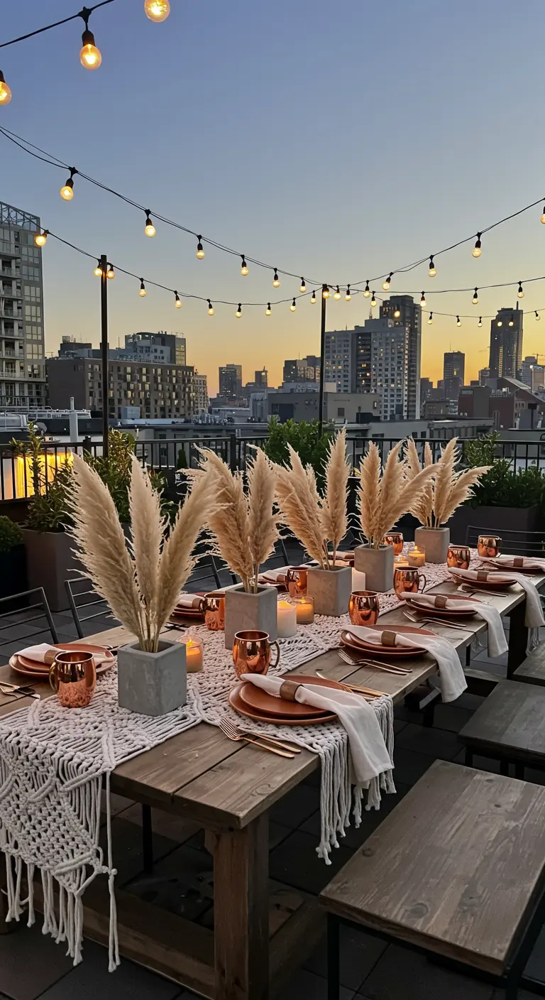 Rooftop tablescape with macramé runner, pampas grass in concrete pots, and copper mugs.