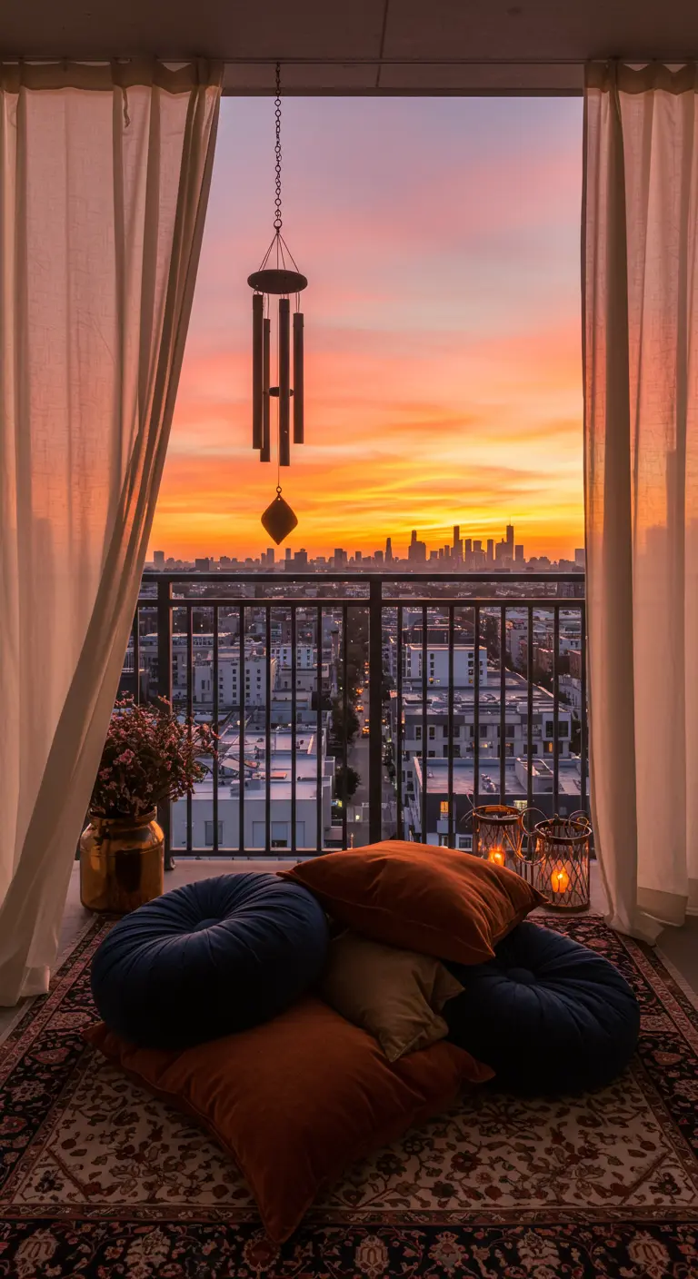 Balcony with floor pillows, a Persian rug, and a wind chime framing a city sunset view.