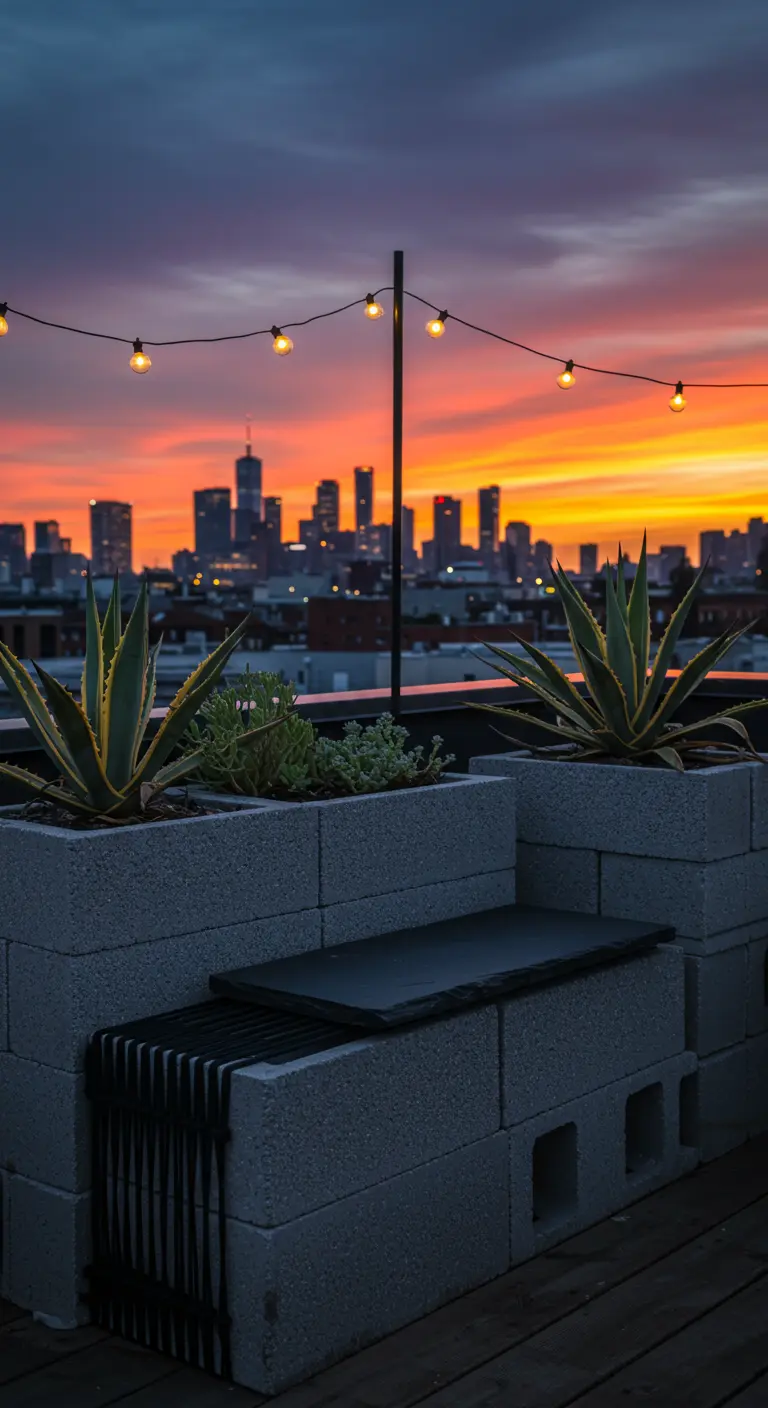 A cinder block planter bench with a slate seat and agave plants on a rooftop at sunset.