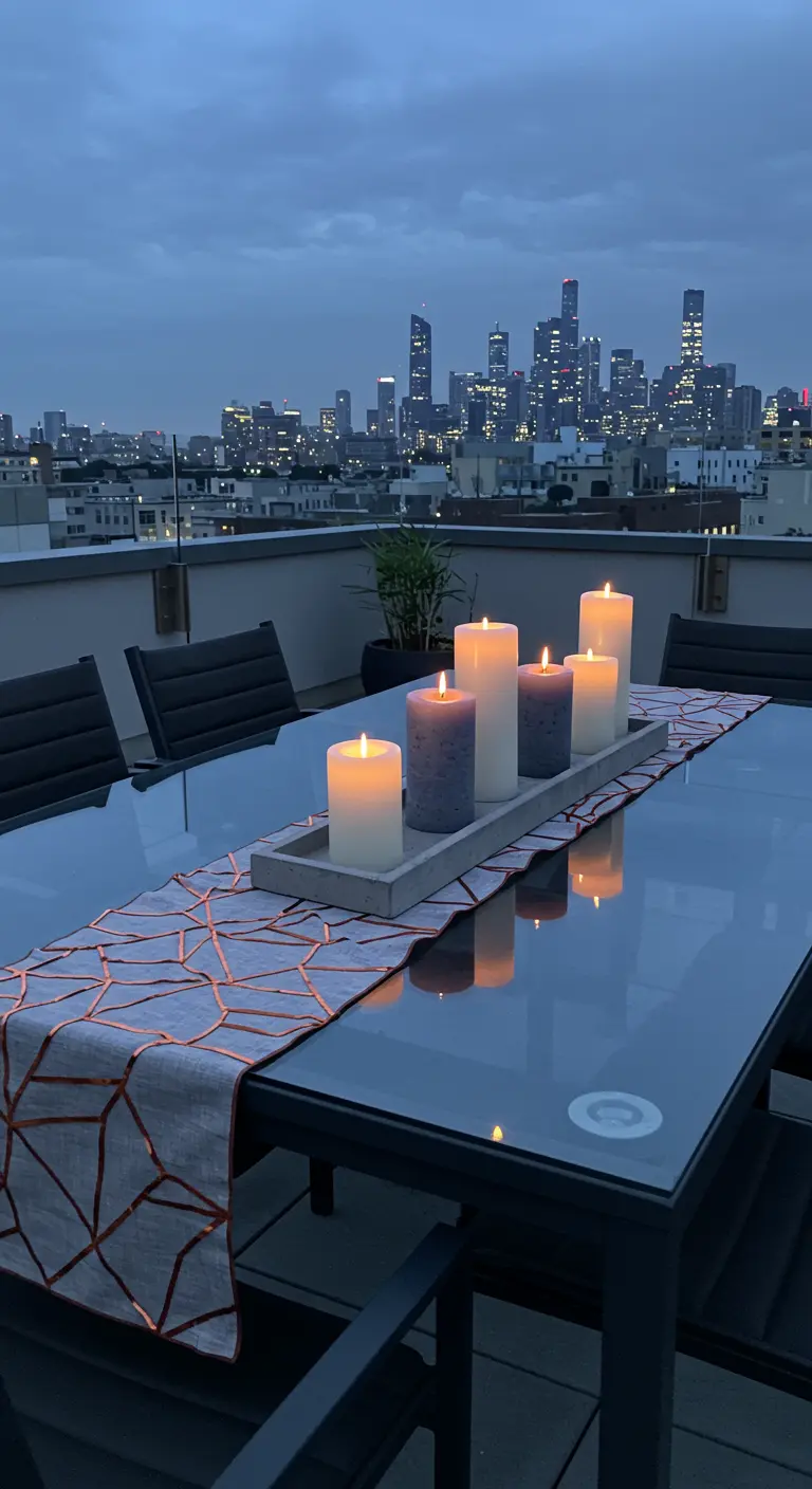 Glass rooftop table with a geometric runner and pillar candles overlooking a city skyline.